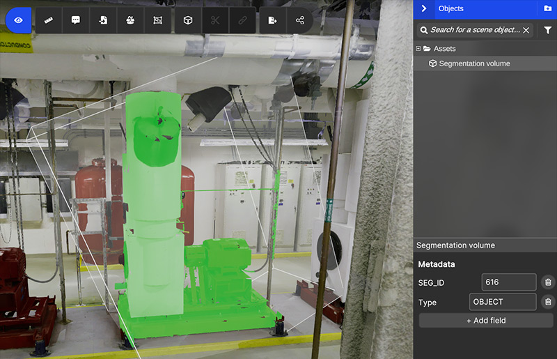 Industrial equipment digitally segmented in 3D scene with metadata panel