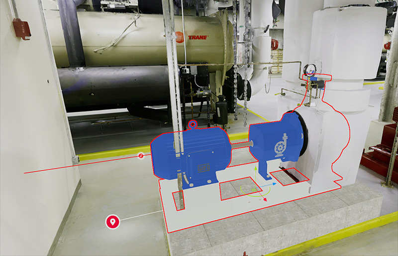 Augmented overlay of equipment using Prevu3D's seamless editing tools in an industrial environment.