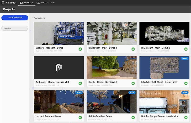 Prevu3D dashboard showing a list of digital 3D project thumbnails and metadata