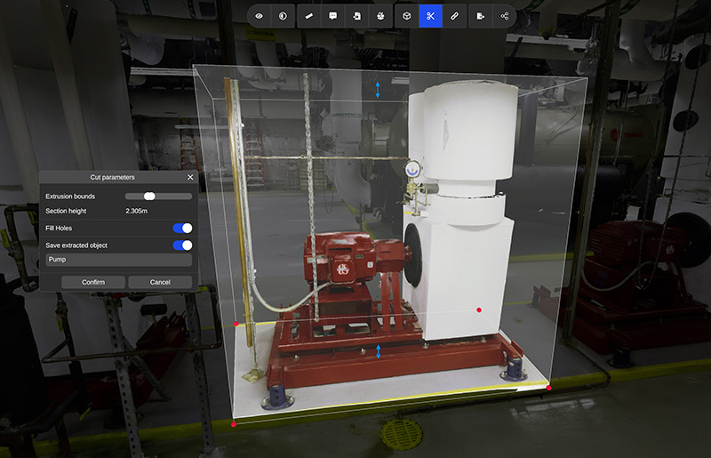 3D scan interface showing isolated industrial pump with extraction parameters