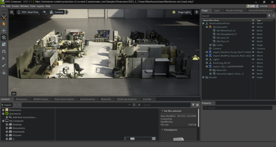 NVIDIA Omniverse USD Composer interface showing a photorealistic imported factory layout with Machine Pump, Vacuum Plant, and Clip 1 listed in the scene hierarchy.