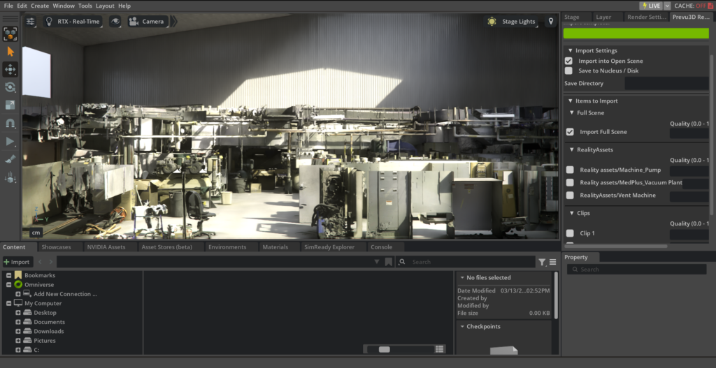 NVIDIA Omniverse interface showing a photorealistic industrial scene with import settings and RealityAssets options on the right panel.