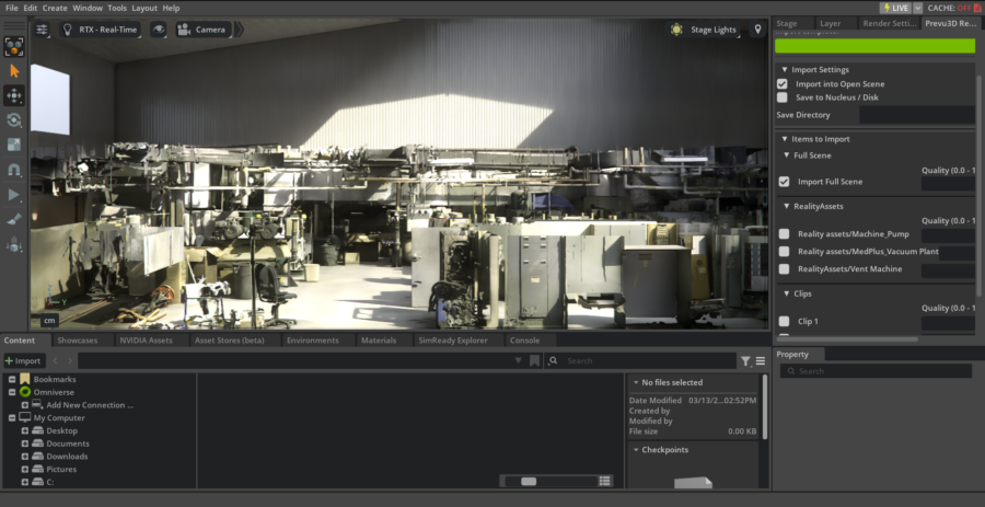 NVIDIA Omniverse interface showing a photorealistic industrial scene with import settings and RealityAssets options on the right panel.