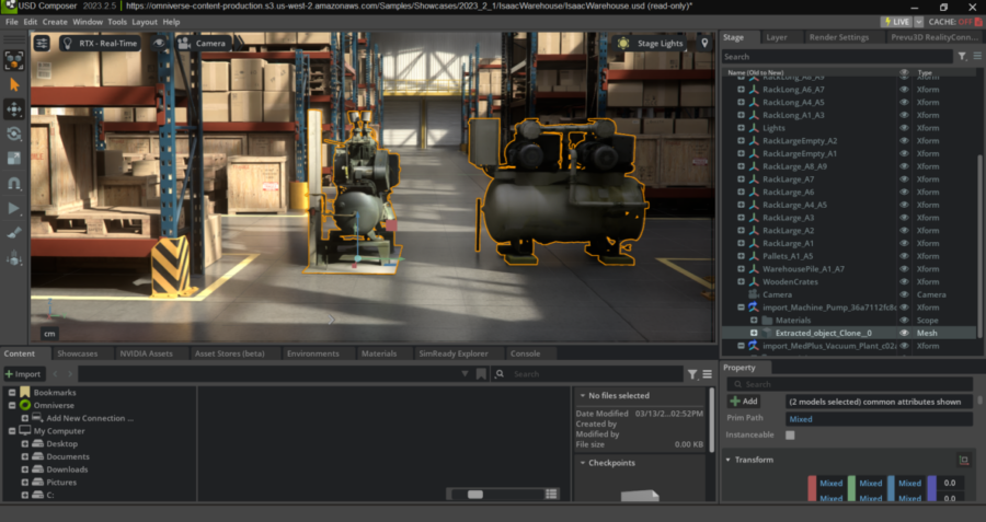 NVIDIA Omniverse USD Composer interface with two imported industrial assets—Machine Pump and Vacuum Plant—highlighted in a warehouse scene.