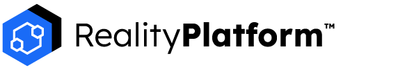 Le logo de RealityPlatform représente une icône hexagonale bleue avec un symbole de nœuds connectés et un texte noir en gras.