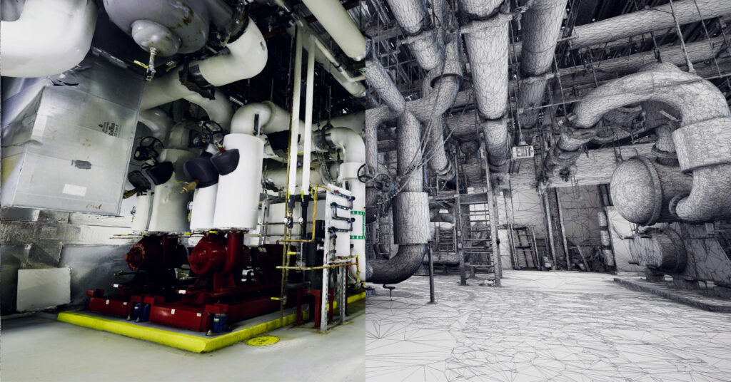 Split view of mechanical room in real photo and 3D wireframe mesh model.