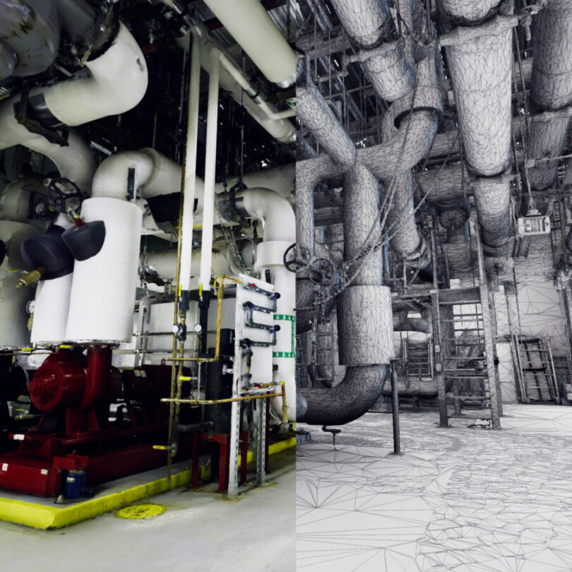 Side-by-side view of a mechanical room and its 3D mesh model in Prevu3D.