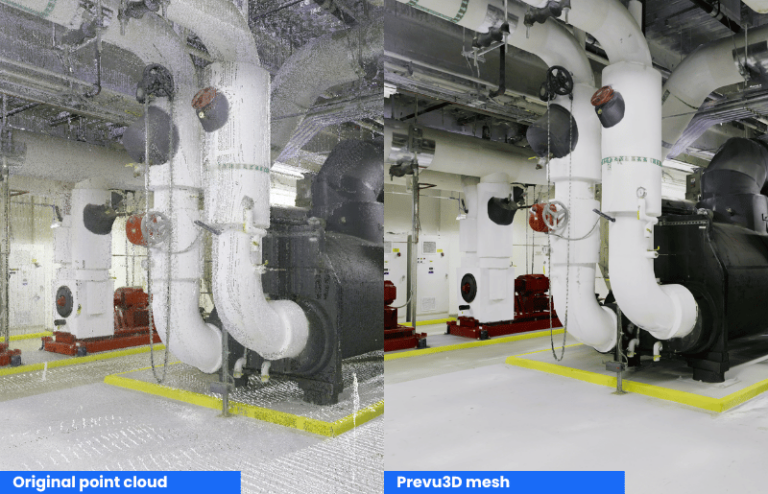 Side-by-side comparison of original point cloud vs. Prevu3D mesh in an industrial facility.