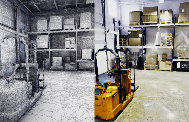 Side-by-side view of a warehouse showing original point cloud and its automatically generated mesh version.
