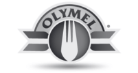 Olymel logo featuring a stylized fork within a circular badge and ribbon design