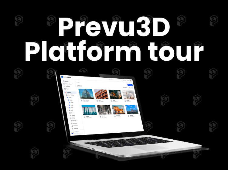 Banner showing the text ‘Prevu3D Platform tour’ above a laptop displaying the Prevu3D interface on a black background with subtle Prevu3D logo icons.
