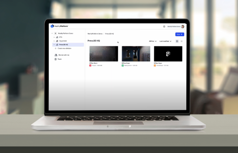 Laptop screen showing RealityPlatform’s Visualization interface for Prevu3D HQ projects.