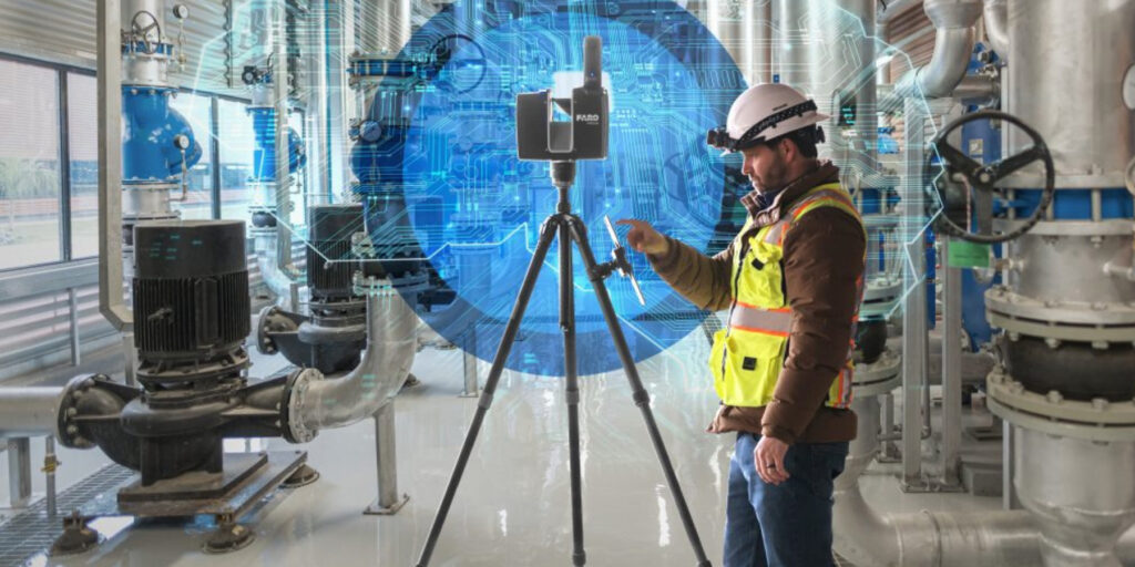 Technician Operating a Faro 3d Laser Scanner Inside an Industrial Plant to Capture Reality Data for Digital Twin Creation Prevu3d