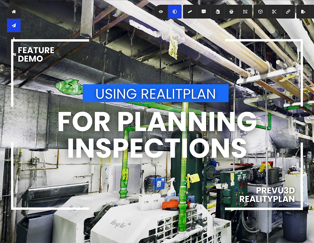 RealityPlan interface showing a 3D industrial scan with overlay text for planning inspections.