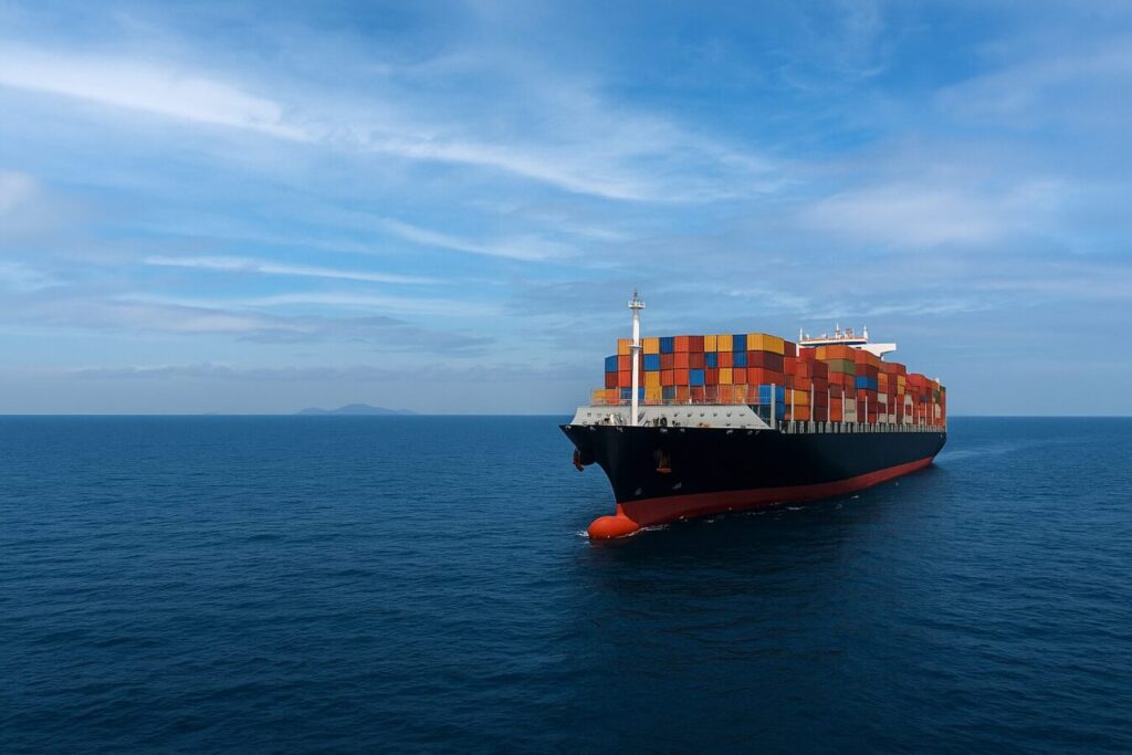 Distant View of a Large Cargo Ship Transporting Colorful Containers Across a Calm Blue Ocean Under a Partly Cloudy Sky Prevu3d