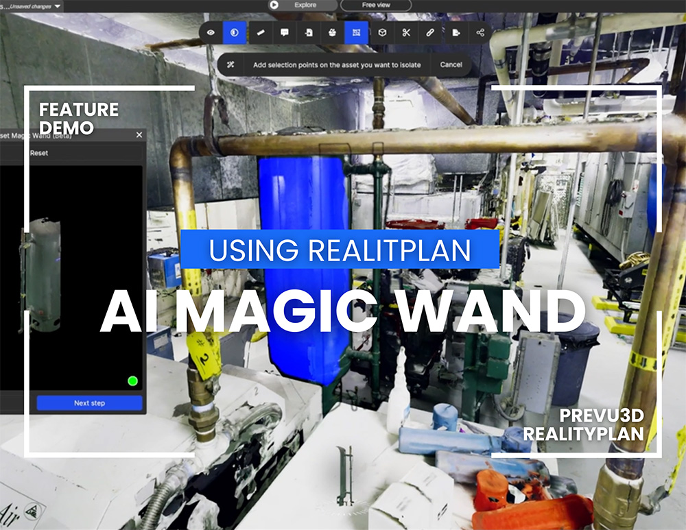 RealityPlan AI Magic Wand feature in action highlighting a selected asset within a 3D industrial environment.
