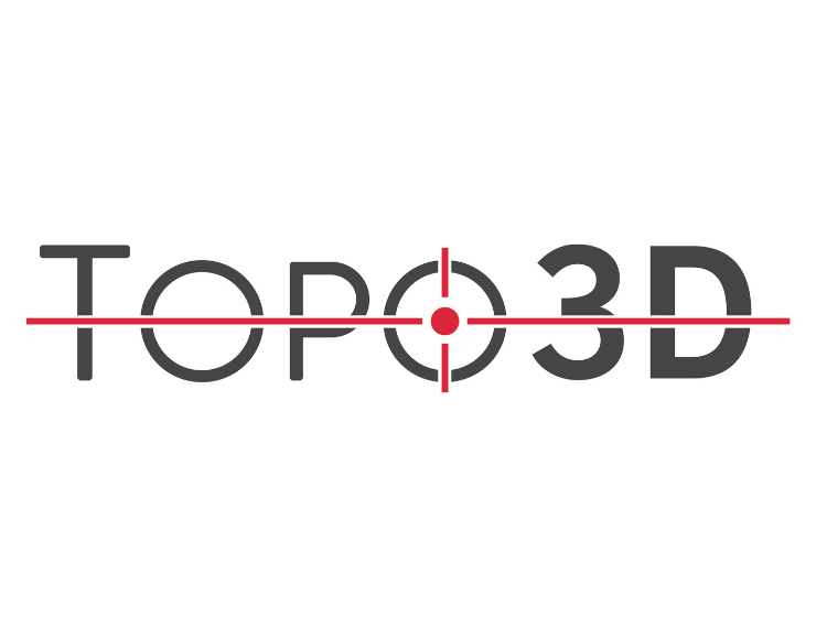 TOPO3D logo with stylized red crosshair integrated across the text.
