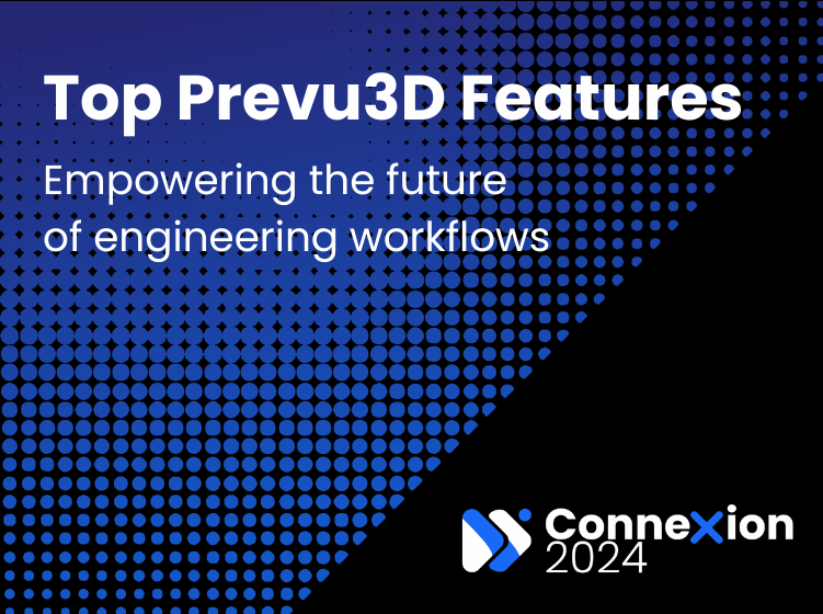 Slide titled "Top Prevu3D Features" with tagline "Empowering the future of engineering workflows" and Connexion 2024 branding.