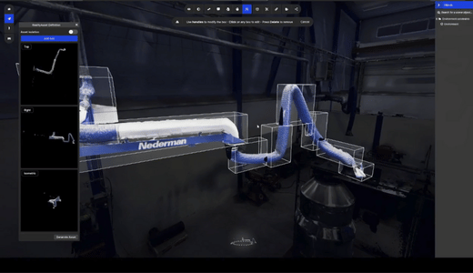 3D visualization of a segmented industrial duct labeled “Nederman,” displayed within a reality capture interface with bounding boxes and scan slices