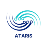 ATARIS logo featuring two interlocking wave-like arcs with circuit-style endpoints, one in teal and one in navy blue, above the word “ATARIS”