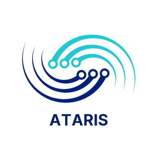 ATARIS logo featuring two interlocking wave-like arcs with circuit-style endpoints, one in teal and one in navy blue, above the word “ATARIS”