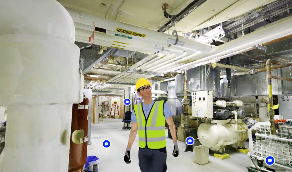 Engineer in a 3D digital twin environment reviewing industrial equipment with Prevu3D annotations.
