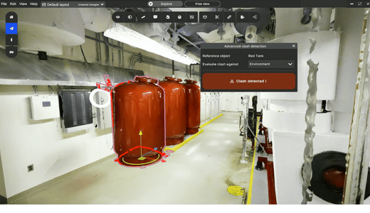 3D clash detection interface showing a red tank flagged for collision within an industrial facility model