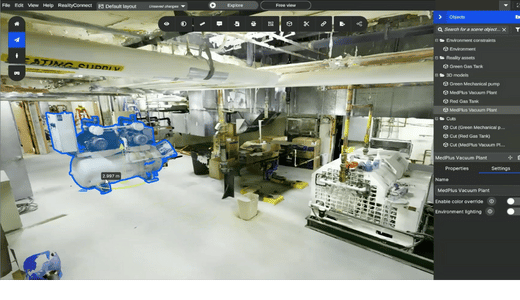 Interactive 3D environment showing selected mechanical equipment outlined in blue with properties and scene object list visible