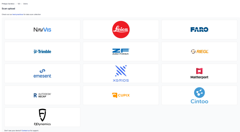 Scan upload interface with logos of supported scanning hardware and software providers including NavVis, Leica, FARO, Trimble, Matterport, and more
