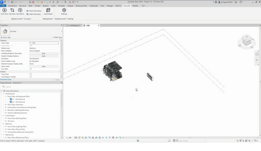 Screenshot of a 3D model inside Autodesk Revit showing a point cloud and object placement in a building layout