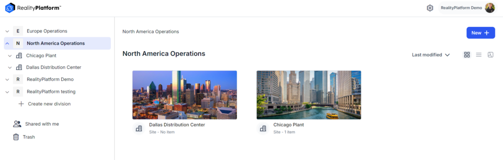 Screenshot of the RealityPlatform interface showing the North America Operations folder with preview tiles for the Dallas Distribution Center and Chicago Plant