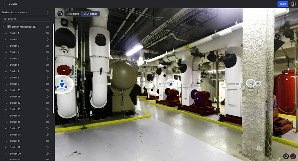 Digital interface showing a Photosphere view of an industrial mechanical room with white and red tanks and labeled equipment.