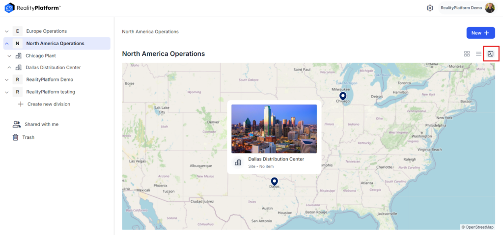 RealityPlatform interface displaying a map view with location markers for the Dallas Distribution Center and Chicago Plant, with site selection controls visible