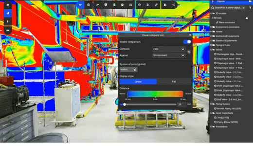 3D visualization of a segmented industrial duct labeled “Nederman,” displayed within a reality capture interface with bounding boxes and scan slices