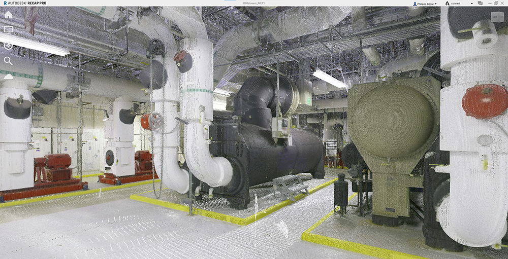Autodesk ReCap Pro view of industrial mechanical room with point cloud scan visualization.
