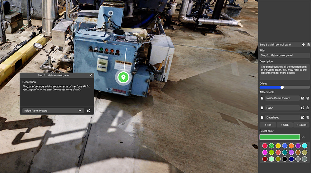 Annotated digital twin view of a main control panel in an industrial facility using Prevu3D.