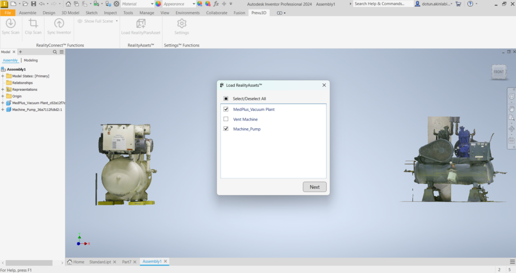 Autodesk Inventor interface displaying two imported RealityAssets—a vacuum plant and pump—with the Load RealityAssets panel open.