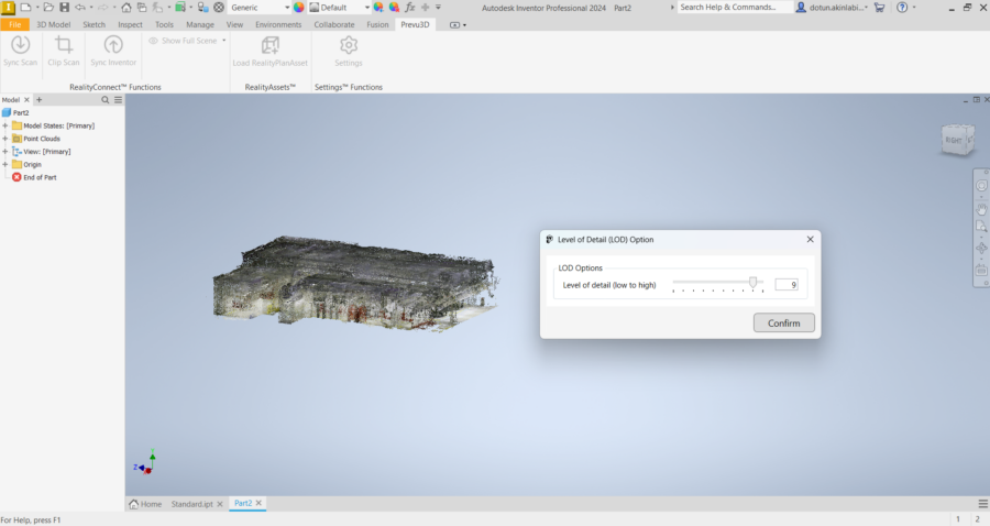 Autodesk Inventor interface displaying a 3D point cloud scan with the RealityConnect Level of Detail (LOD) slider set to 9.
