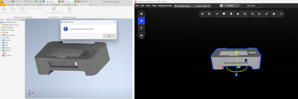 Side-by-side view of Autodesk Inventor and Prevu3D RealityConnect showing a successfully synced 3D printer casing model.