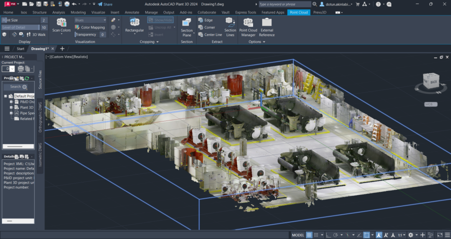 AutoCAD Plant 3D interface displaying a high-detail point cloud of an industrial facility with visible piping and equipment.