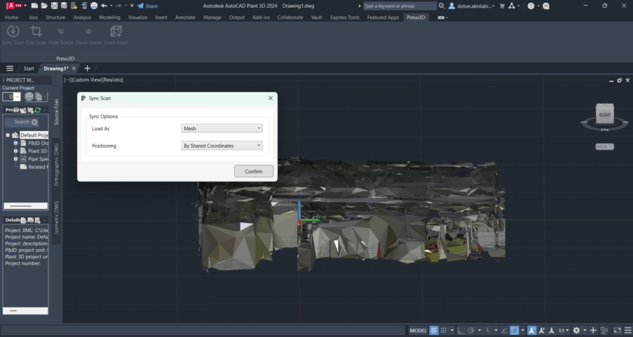 AutoCAD Plant 3D interface with RealityConnect’s Sync Scan panel set to load as Mesh using shared coordinates.