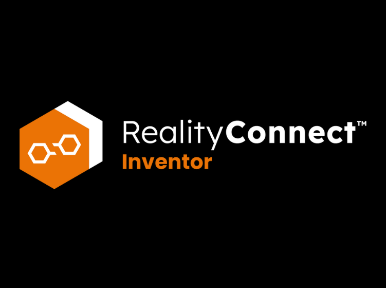 RealityConnect for Inventor logo with an orange hexagon icon and bold white and orange text on a black background.