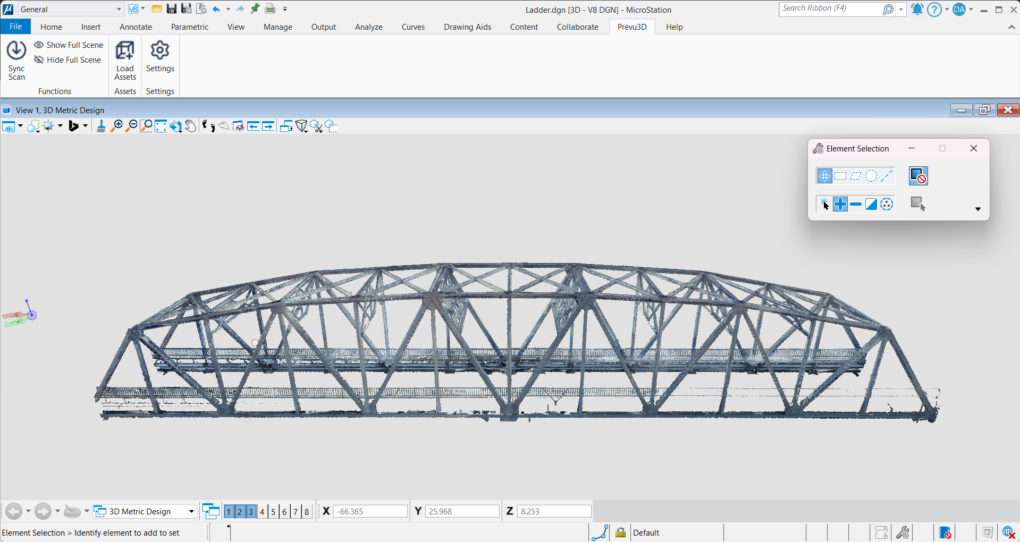 Reality-captured 3D model of a bridge structure displayed in MicroStation interface.