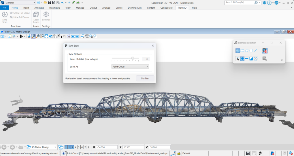 Reality-captured 3D model of a bridge structure loaded in MicroStation with sync scan settings visible.