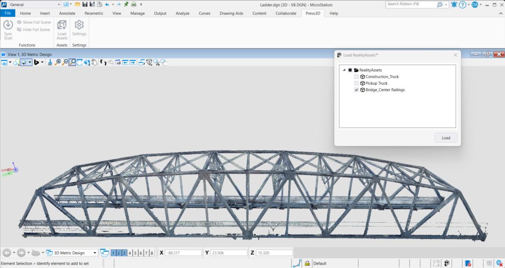 3D bridge model displayed in MicroStation with the Load RealityAssets panel showing selected infrastructure elements.