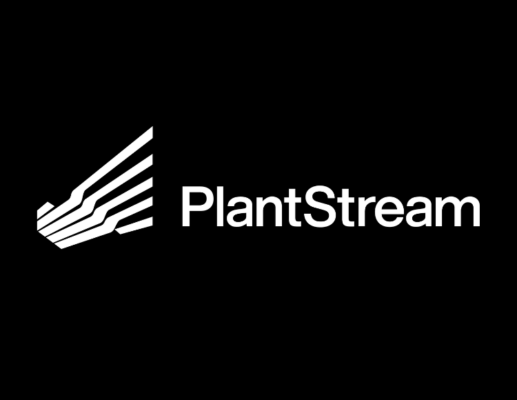 Logo PlantStream avec un graphique stylisé en forme de tuyau blanc et un texte moderne blanc sur fond noir.
