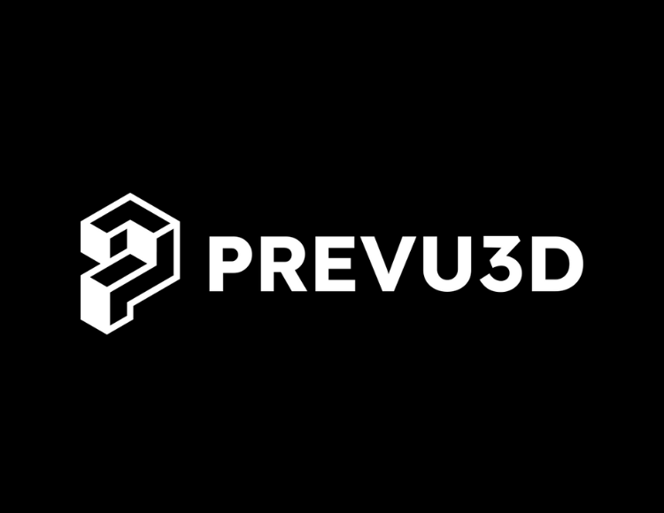 Prevu3D logo with a white geometric 3D symbol and bold white text on a black background.