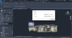 Interface Autodesk Revit affichant un nuage de points synchronisé via RealityConnect, avec le panneau des paramètres de Sync Scan ouvert.