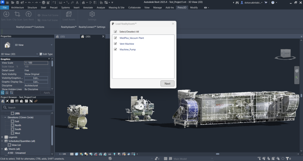 Autodesk Revit interface displaying selected RealityAssets for loading, including MedPlus Vacuum Plant, Vent Machine, and Machine Pump.