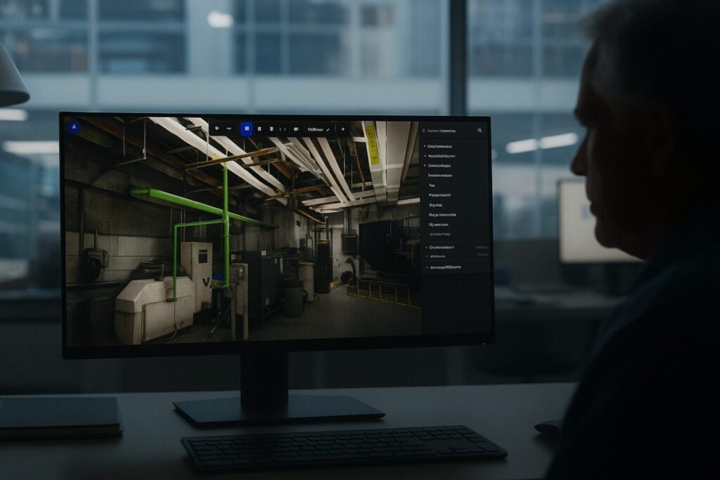 Reviewing Industrial Scan with Prevu3d | Prevu3d Older Man with White Hair Reviewing a Detailed 3d Industrial Scan on a Monitor Using Prevu3d Software in a Dimly Lit Office Prevu3d